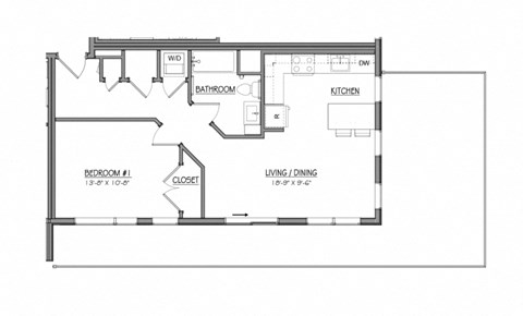 Floor plan for 1 bed, 1 bath, 644 sqft